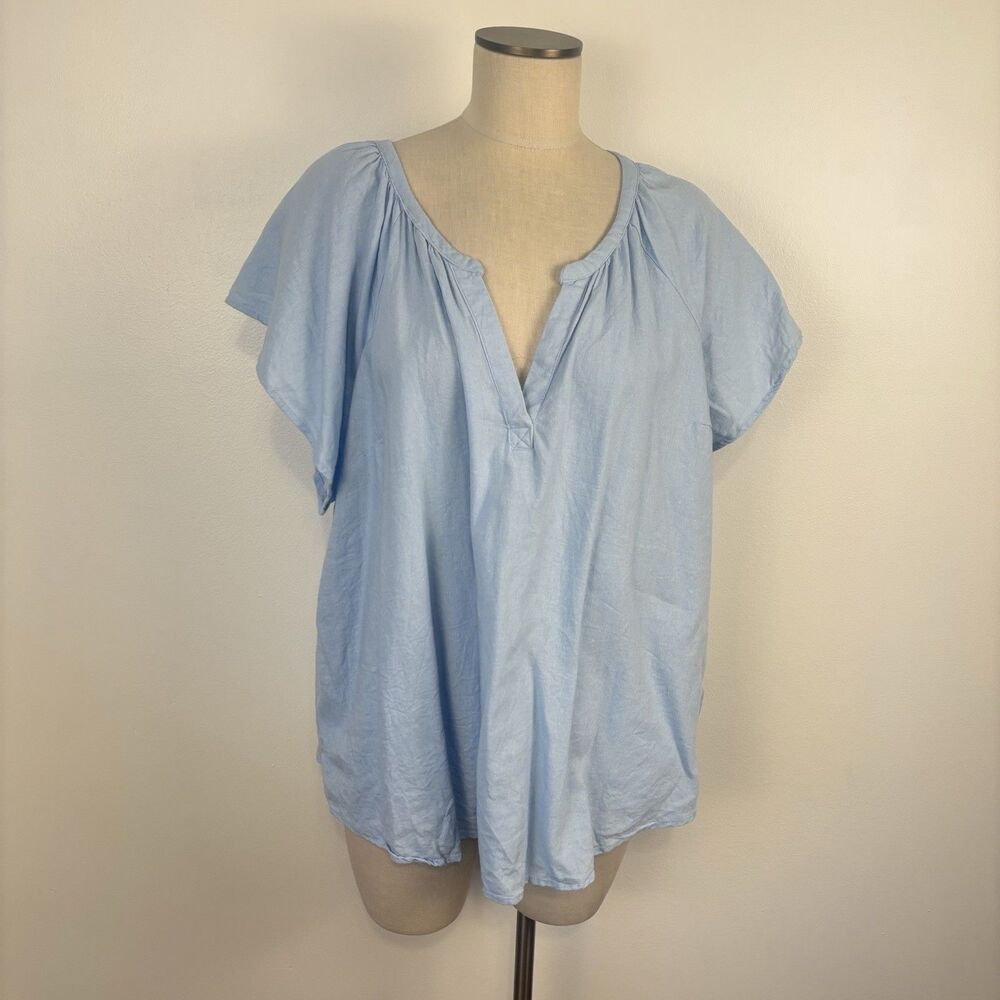 Universal Thread Linen blend Top Women 2X Blue Short Sleeve VNeck Pullover Tunic